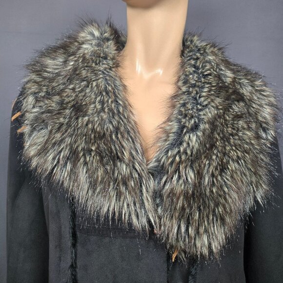 Y2K Penny Lane Coat Size L Jones New York Black Faux Suede Faux Fur Trim Boho - Picture 2 of 11